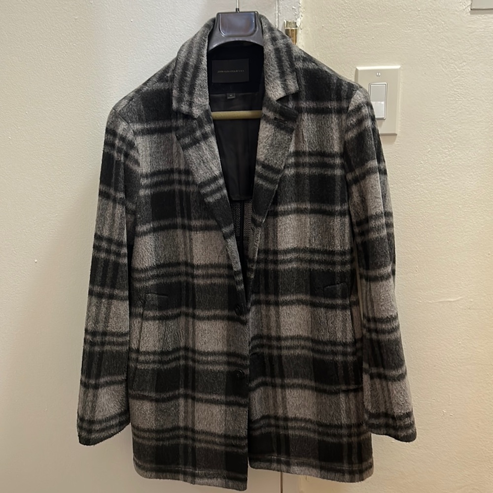 John Varvatos CARSEN PLAID CAR COAT IN BLACK MULTI - Size: MEDIUM